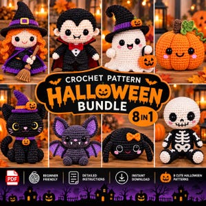 May include: A crochet pattern Halloween bundle featuring eight amigurumi designs including a witch, vampire, ghost, pumpkin, black cat, bat, spider, and skeleton. The digital PDF includes detailed instructions for these cute holiday figures.