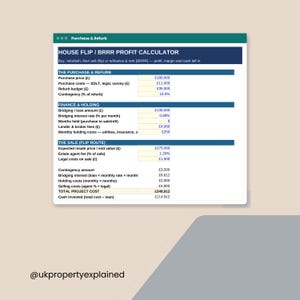 May include: A digital House Flip / BRRR Profit Calculator spreadsheet with sections for Purchase & Refurb, Finance & Holding, and The Sale. It displays financial data in British pounds, including purchase price, loan amounts, and total project costs.