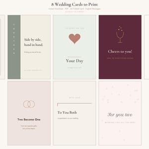 Könnte beinhalten: Eine Sammlung von acht druckbaren Hochzeitskarten mit verschiedenen Designs in gedeckten Tönen wie Creme, Salbeigrün, Burgunderrot und zartem Rosa. Jede Karte zeigt eine einzigartige Typografie, minimalistische grafische Elemente wie Herzen, Ringe und Sektgläser sowie feierliche Textbotschaften auf Englisch.