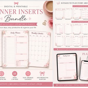 May include: A digital and printable planner inserts bundle featuring 18 pages with floral accents. The set includes daily, weekly, and monthly layouts, goal trackers, and to-do lists. The design uses a soft pink color palette with text.
