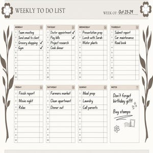 May include: A weekly to-do list planner page with a beige background and brown floral accents. It features columns for Monday through Sunday, each with ten numbered lines, plus a notes section. The text reads Weekly To Do List and Oct 23-29.