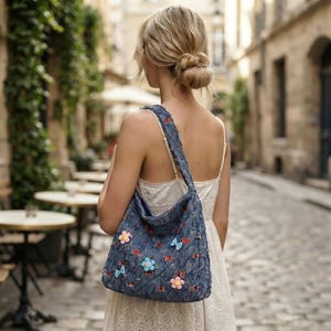 Cute Floral Bow Patch Quilted Tote Bag, Plaid Patchwork Fabric Hobo Shoulder Bag, Large Capacity Casual Underarm Bag for Daily Street Style