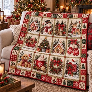 May include: A quilted throw blanket featuring a grid of twelve festive Christmas scenes, including a snowman, a reindeer, a gingerbread house, a puppy, a red sleigh, a decorated tree, mittens, a wreath, and a mailbox, all bordered by red and green plaid.