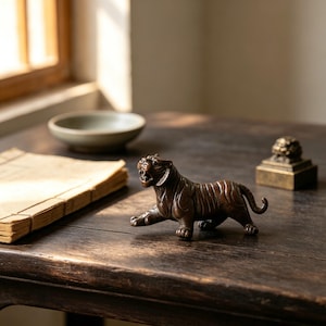 May include: A bronze-colored tiger figurine in a prowling stance with an open mouth, detailed muscle definition, and a curved tail. The sculpture features a dark, metallic finish with visible texture, capturing the animal in a dynamic, forward-moving pose.