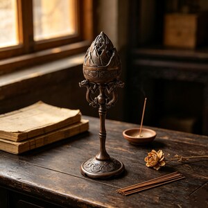 May include: A dark bronze-toned metal incense burner featuring a mountain-shaped lid with cutouts, supported by a slender stem with dragon-shaped accents and a circular base decorated with engraved patterns, accompanied by incense sticks.