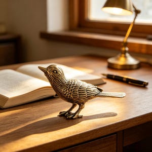 Könnte beinhalten: Eine kleine, goldfarbene Metallvogel-Figur mit detaillierten, eingravierten Federmustern auf den Flügeln und dem Körper. Der Vogel steht auf zwei Füßen, blickt nach links und hat einen spitzen Schnabel sowie eine texturierte Oberfläche.