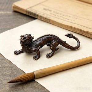May include: A small, dark bronze-colored metal figurine of a mythical dragon with a textured, scaled body, four legs, and a curved tail. The dragon is positioned in a crawling stance with its head turned slightly to the left, featuring detailed facial features.