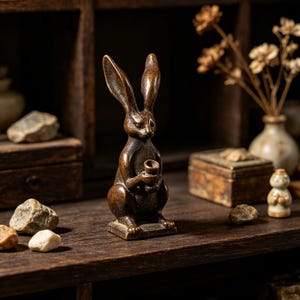 Puede incluir: Una figura de conejo color bronce de pie sobre una base rectangular. El conejo tiene orejas largas y puntiagudas y sostiene un pequeño objeto cilíndrico en forma de copa entre sus patas delanteras. La superficie tiene un acabado metálico oscuro.