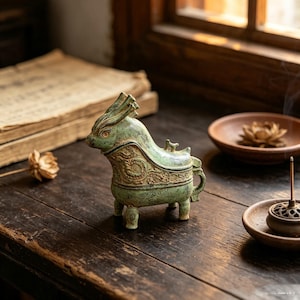 May include: A green, weathered-finish metal incense burner shaped like a mythical creature with four legs, a pointed head, and intricate embossed scrollwork patterns along its body. The vessel features a removable lid and a small handle on the back.