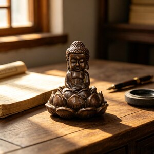 Puede incluir: Una pequeña figura de color bronce de un Buda sentado con los ojos cerrados, que descansa sobre una base detallada de flor de loto. La escultura presenta un acabado metálico liso con reflejos marrón oscuro y una expresión serena y meditativa.