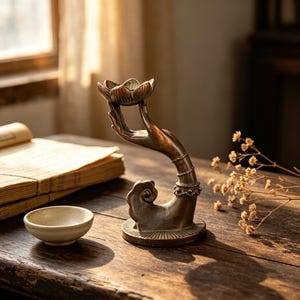 May include: A bronze-toned metal candle holder featuring a sculpted hand extending upward from a circular base, holding a lotus flower-shaped cup. The hand is adorned with a decorative band at the wrist, and the entire piece has a metallic finish.