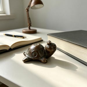Peut inclure: Une petite figurine de tortue en brun foncé à la surface lisse, dotée d'une carapace arrondie avec des indentations circulaires. La tortue présente une tête stylisée simple avec deux petits yeux et est posée sur une surface plane près d'un livre.