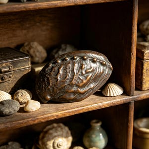 Op de afbeelding: Een sculptuur in de vorm van een abalone-schelp in een donkere bronskleur, met een getextureerd, onregelmatig oppervlak en een rij kleine, verhoogde cirkelvormige knobbels langs de bovenrand, afgewerkt met een metallic glans en koperkleurige accenten.