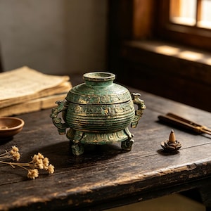 Retro bronze Green Rust Three-legged Incense Burner, aroma diffuser, Desktop Decor Ornament