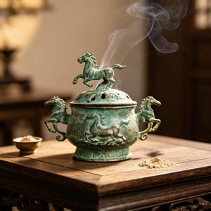 Puede incluir: Un quemador de incienso de metal color verde cardenillo con una figura de caballo en la tapa, dos asas laterales con forma de caballo y un relieve de un caballo corriendo en el cuerpo. Humo blanco sale de la tapa perforada del recipiente.