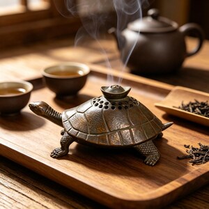 Puede incluir: Un quemador de incienso de cerámica marrón oscuro con forma de tortuga, con un caparazón texturizado y una pequeña abertura circular en la parte superior que emite un fino hilo de humo. La tortuga está sobre una bandeja de madera junto a dos tazas.