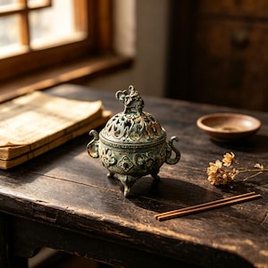 May include: A bronze-toned metal incense burner with a weathered patina, featuring a lid topped with a small elephant figurine, intricate cut-out patterns, three legs, and two curved side handles, showcasing a detailed relief design on its body.