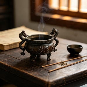 May include: A dark bronze-toned metal incense burner featuring two dragon-shaped handles and three clawed feet. The bowl has a decorative geometric rim pattern and embossed relief designs. Wisps of white smoke rise from the centre of the vessel.