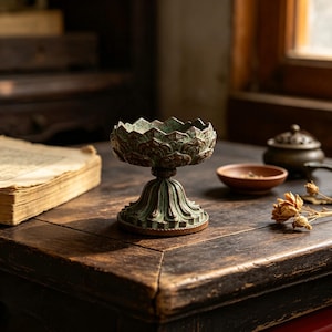 May include: A pedestal bowl featuring a textured, dark green and bronze-toned finish with a scalloped rim and a base shaped like a stylized lotus flower. The bowl has a deep, rounded basin and a flared, ribbed stem that rests on a circular base.