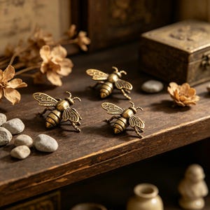 Puede incluir: Tres pequeñas figuras de abejas metálicas de color latón con alas detalladas y cuerpos segmentados. Cada abeja tiene un acabado pulido, mostrando antenas, patas y patrones de alas texturizados, dispuestas sobre una superficie de madera oscura.