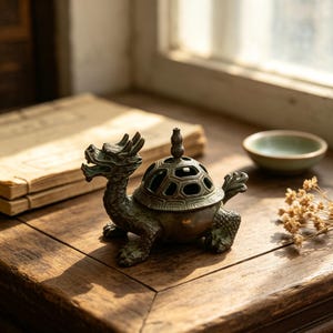 May include: A bronze-toned metal incense burner shaped like a mythical creature with a dragon head and a turtle body. The shell features a perforated geometric pattern and a small finial on top. The creature has textured scales and four legs.