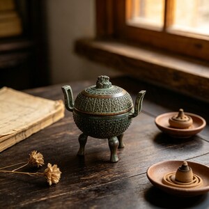 May include: A round, dark green bronze incense burner with a lid featuring a small animal finial. The vessel has two upright handles, three curved legs, and an intricate geometric pattern embossed across the entire surface of the body and lid.
