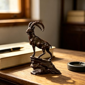 May include: A bronze-coloured figurine of an ibex standing on a rocky base. The ibex is depicted in a side profile with long, curved, ridged horns, a muscular body, and a short tail. The sculpture has a smooth, metallic finish with dark shading.
