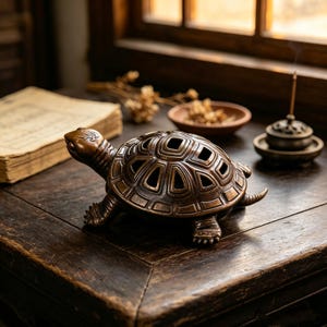 Puede incluir: Un quemador de incienso de metal en tono bronce con forma de tortuga, que presenta un caparazón detallado con recortes geométricos. La tortuga se muestra en posición de caminar con cabeza y extremidades texturizadas. El caparazón sirve como tapa, exhibiendo un acabado oscuro y desgastado que resalta los patrones intrincados en su espalda.