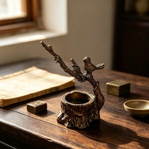 May include: A bronze-toned metal incense holder featuring a textured tree stump base with a branch extending upward. A small bird is perched on the branch, which is decorated with several small flower blossoms. The object has a dark, weathered finish.