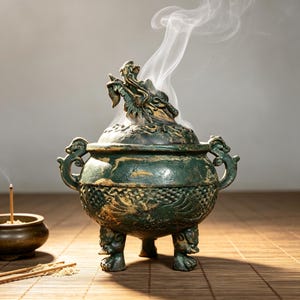 May include: A dark green and gold incense burner with a dragon-shaped lid, three legs, and two side handles. Wisps of white smoke rise from the top of the lid. A small, separate round incense holder with a single stick is positioned to the left.