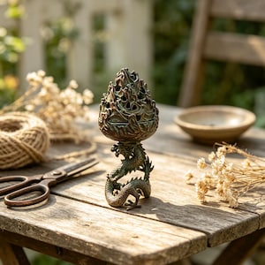 May include: A bronze-toned metal incense burner featuring a detailed dragon base supporting a textured, pinecone-shaped lid with openwork cutouts. The dragon is depicted in a coiled, upright posture with visible scales, claws, and a horned head.
