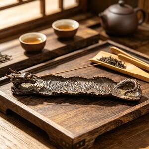 May include: A dark brown ceramic incense holder shaped like a long, coiled dragon with detailed scales and a head at one end. A thin, light brown incense stick is inserted into the dragon's head, extending horizontally over the textured body.