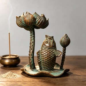 May include: A bronze-toned metal incense holder featuring a sculpted fish standing on a lily pad base. The design includes a tall lotus flower on a textured stem and a smaller lotus bud on a separate stem, both finished with a weathered patina.