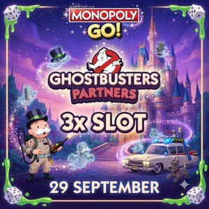 May include: A Monopoly Go promotional graphic featuring the Ghostbusters Partners event. The image displays the Monopoly mascot in a tan jumpsuit, the Ecto-1 vehicle, a castle, dice, and the text Monopoly Go, Ghostbusters Partners, 3x Slot, 29 September.