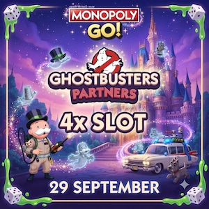 Puede incluir: Un gráfico promocional de Monopoly Go para el evento Ghostbusters Partners. La imagen muestra a la mascota de Monopoly con un mono beige, el vehículo Ecto-1, un castillo y el texto Monopoly Go, Ghostbusters Partners, 4x Slot, 29 September.