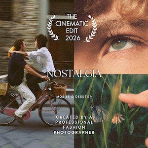 Puede incluir: Un gráfico de producto digital titulado THE CINEMATIC EDIT 2026 NOSTALGIA MOBILE & DESKTOP CREATED BY A PROFESSIONAL FASHION PHOTOGRAPHER. La imagen presenta un collage de una pareja en bicicleta, un primer plano de un ojo y una mano cerca de una mariposa.