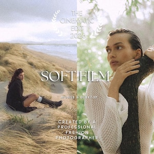 Op de afbeelding: Een digitale productadvertentie getiteld THE CINEMATIC EDIT 2026 SOFT FILM MOBILE & DESKTOP CREATED BY A PROFESSIONAL FASHION PHOTOGRAPHER. De afbeelding toont een gesplitst beeld van een persoon in zwarte kleding op een strand en een wit mesh topje.
