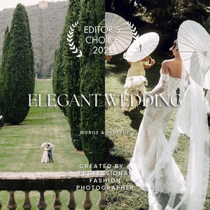 May include: A split-screen composition featuring a long, tree-lined garden path with a couple holding a white parasol, and a wedding scene with a person in a white lace gown holding a white parasol. Text reads EDITOR'S CHOICE 2026 ELEGANT WEDDING.