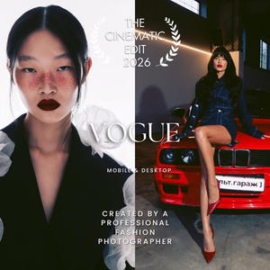 Op de afbeelding: Een digitaal grafisch ontwerp in split-screen met de tekst THE CINEMATIC EDIT 2026, VOGUE, MOBILE & DESKTOP en CREATED BY A PROFESSIONAL FASHION PHOTOGRAPHER. Links een persoon in een zwarte blazer met witte bloemaccenten. Rechts een persoon in een donker spijkerpak zittend op de motorkap van een felrode auto.