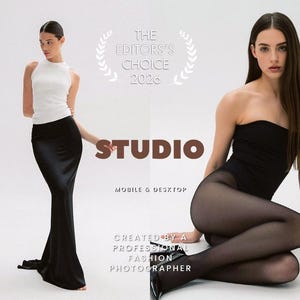 Op de afbeelding: Een digitale fotografie preset collectie getiteld THE EDITORS CHOICE 2026 STUDIO MOBILE & DESKTOP CREATED BY A PROFESSIONAL FASHION PHOTOGRAPHER met twee afbeeldingen van modellen in zwart-witte kleding tegen een effen witte achtergrond.