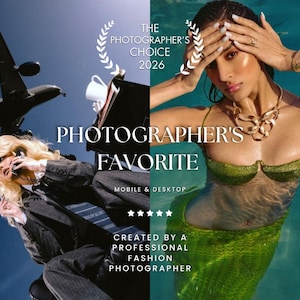 Op de afbeelding: Een gesplitste afbeelding met de tekst THE PHOTOGRAPHER'S CHOICE 2026, PHOTOGRAPHER'S FAVORITE, MOBILE & DESKTOP en CREATED BY A PROFESSIONAL FASHION PHOTOGRAPHER. Links een persoon in een pak met een vliegtuig, rechts een persoon in een groene jurk.