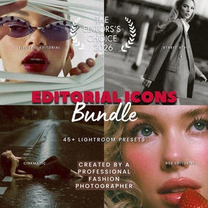 Puede incluir: Un collage digital que presenta cuatro estilos fotográficos distintos etiquetados como Editorial Icons Bundle, 45+ Lightroom Presets, Created by a Professional Fashion Photographer, The Editor's Choice 2026, Electric Editorial, Street Style, Cinematic y 90s Editorial.