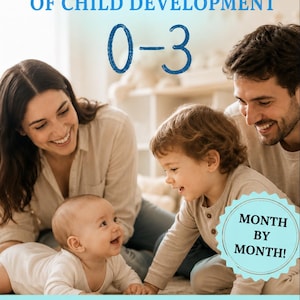 May include: A book cover titled The Complete Manual of Child Development 0-3 by Bresciani Anna. It features a smiling family and a light blue badge that says Month by Month! The bottom section lists Physical, Motor, Cognitive, Language, Emotional, and Social Development with corresponding icons.