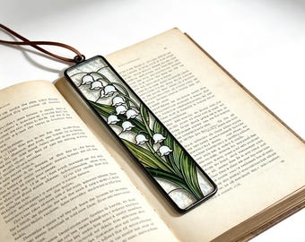 Lelietje-van-de-dalen glazen boekenlegger, op maat gemaakte glazen boekenlegger met handgesoldeerde rand, uniek verjaardagscadeau voor de lezer