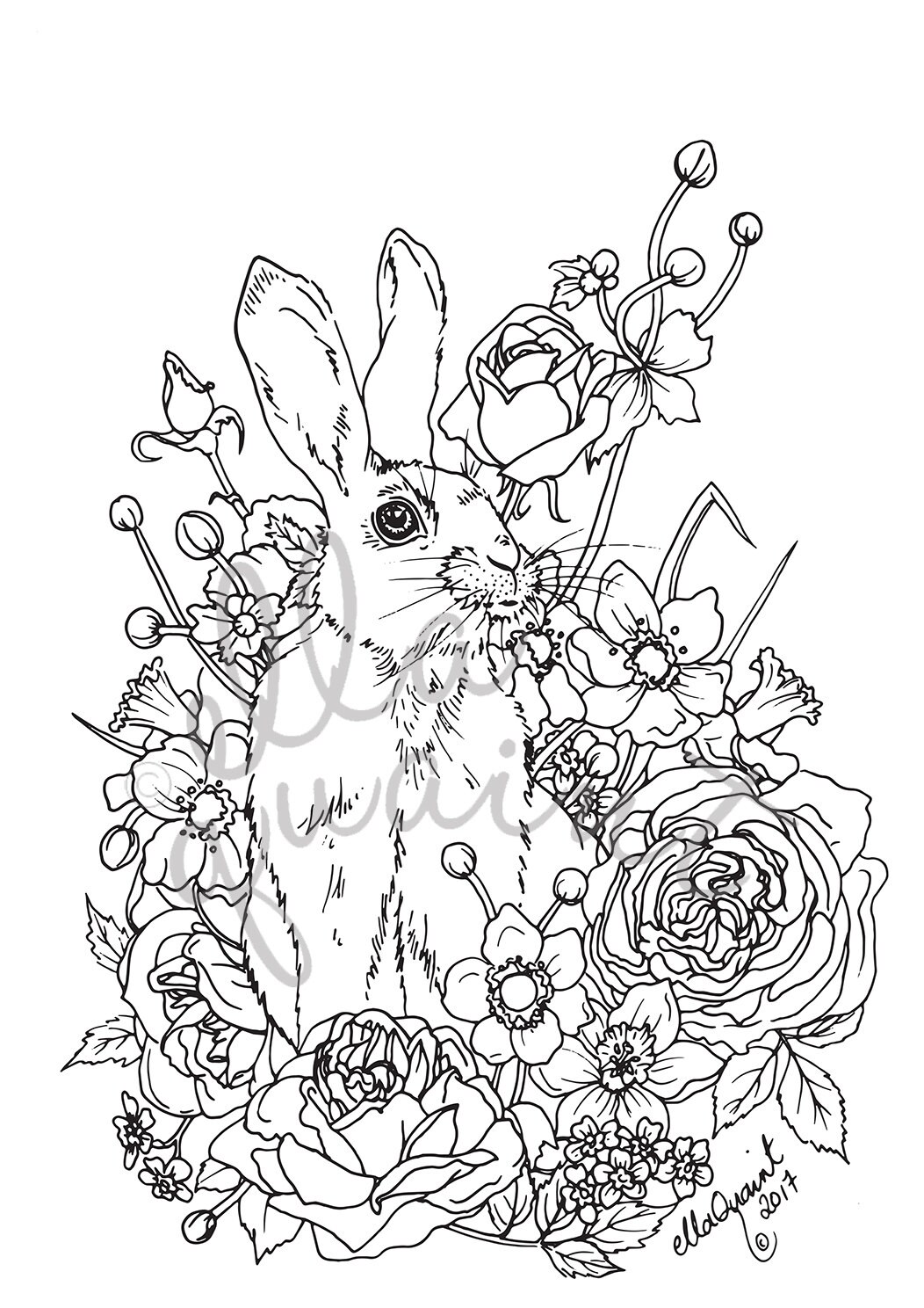 Bunny Bouquet Adult Coloring / Colouring Page by Ellaquaint - Etsy New ...