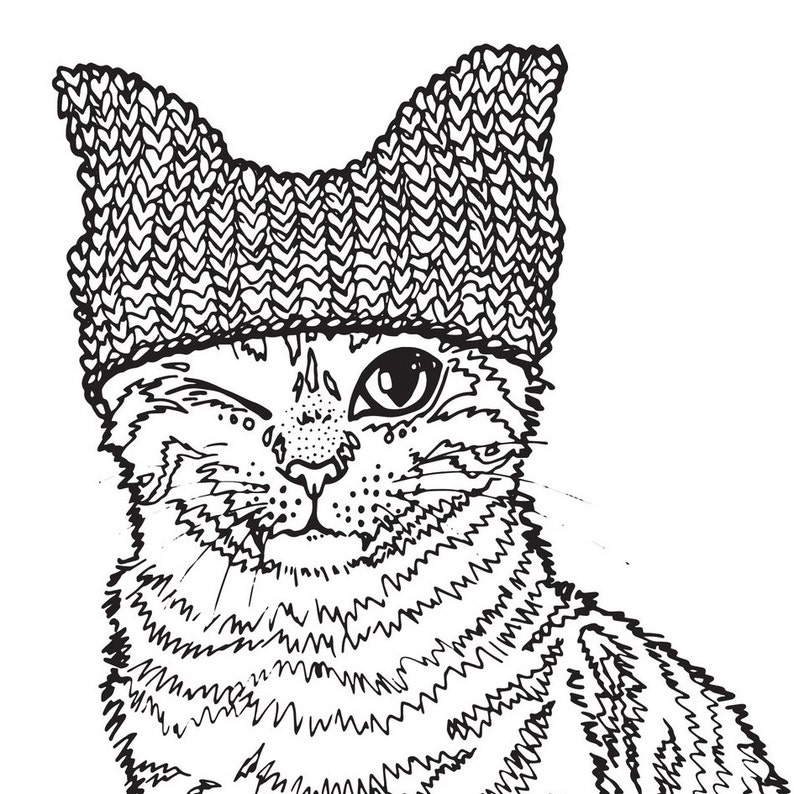 Pink Pussy Hat Cat Adult Coloring / Colouring Page by ellaquaint image 3