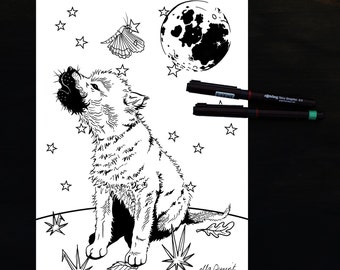 Wolfcub and Moon - a Kid's Coloring / Colouring Page by ellaquaint