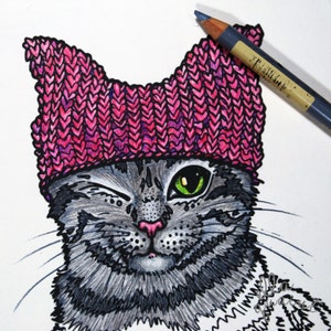 Pink Pussy Hat Cat Adult Coloring / Colouring Page by ellaquaint image 2