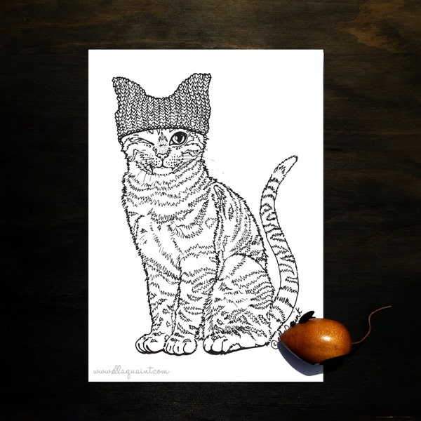 Pink Pussy Hat Cat - Adult Coloring / Colouring Page by ellaquaint