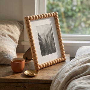 May include: A rectangular picture frame with a light wood finish and a border made of small, uniform wooden spheres. The frame contains a black and white print of a forest landscape. A small terracotta cup and a gold dish with two rings sit nearby.